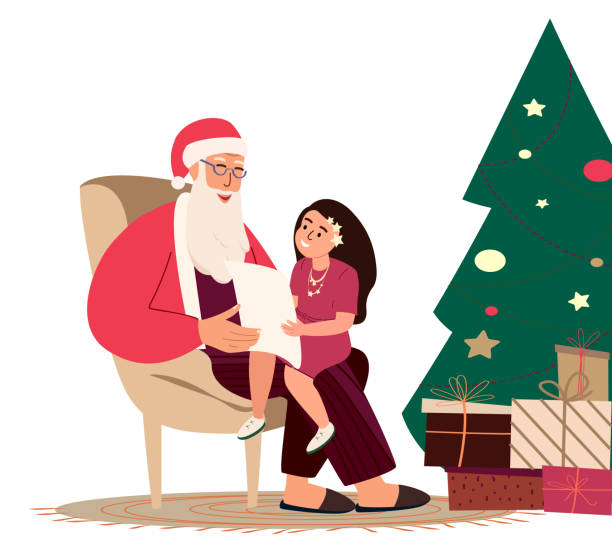 아이는 산타 클로스에시를 읽었다.어린 소녀 캐릭터는 장식 된 크리스마스 트리에서 안락 의자에 앉아있는 아버지 노엘과 만나다.아이는 크리스마스에 대한 소원으로 편지를 읽었다.플랫 벡터  - support box container preparation stock illustrations