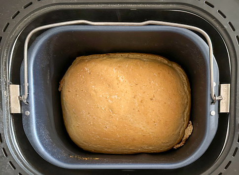 Loaf of just-baked bread in a bread machine
