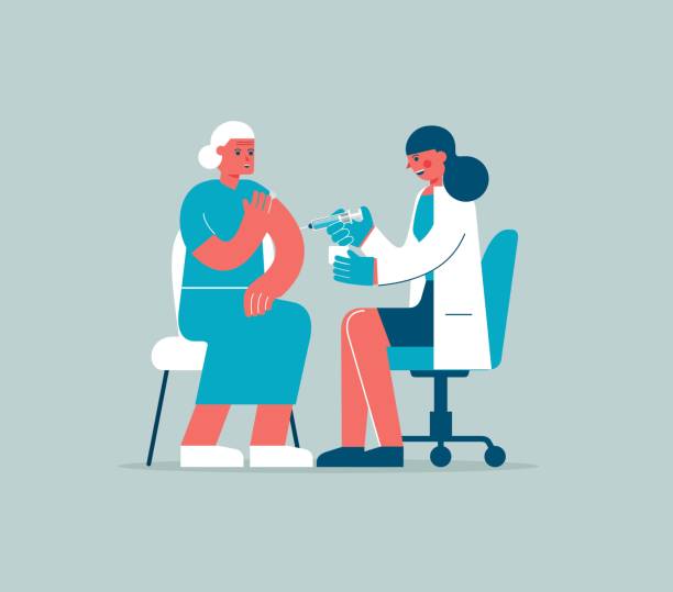 врач делает инъекции пожилым женщинам - doctor medical injection female general practitioner stock illustrations