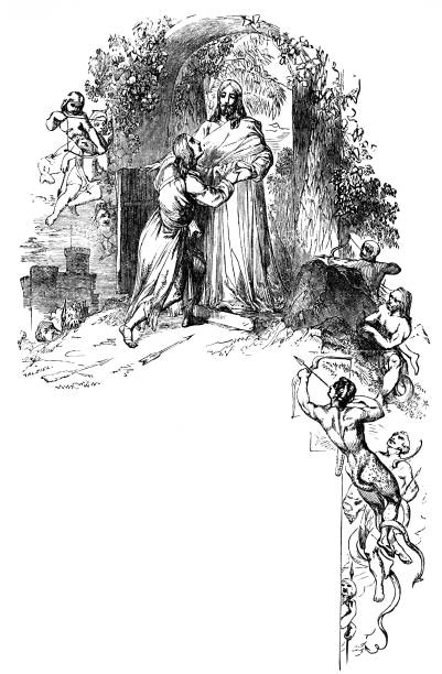istock Christian  Attacked by Satan, Goes to Mount Zion with Goodwill in Pilgrim's Progress, 17th Century British Literature 1445865372
