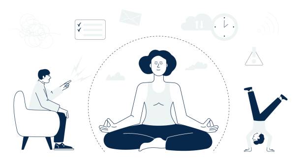 Woman keep calm with meditation process. Family problems, husband quarrel and disobedient child. Business lady relax vector concept Woman keep calm with meditation process. Family problems, husband quarrel and disobedient child. Business lady relax vector concept. Illustration of woman meditation keep calm and stock illustrations