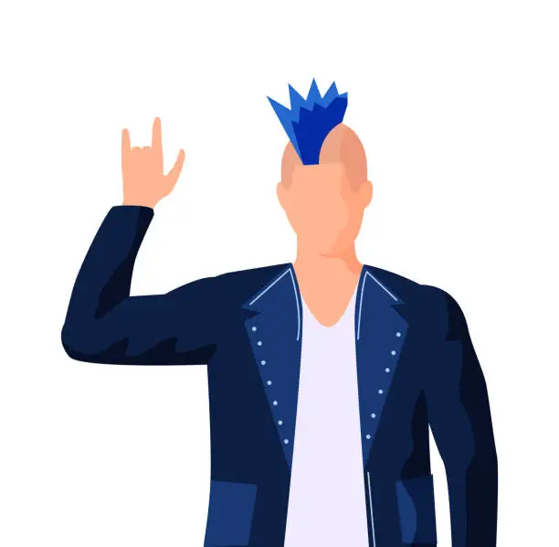 Vector illustration of Professional rock performer with blue mohawk. Musician in leather jacket spreads his arms to sides