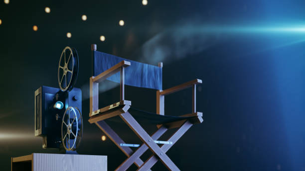 暗い場所で映写機と映画監督の椅子、3dレンダリング - 映画撮影法 ストックフォトと画��像