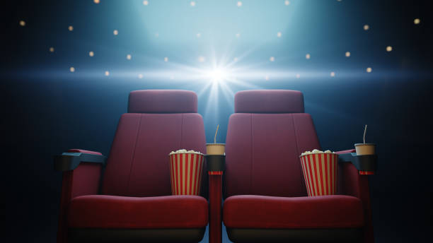 cinema seat scene with popcorn and drink, 3d rendering