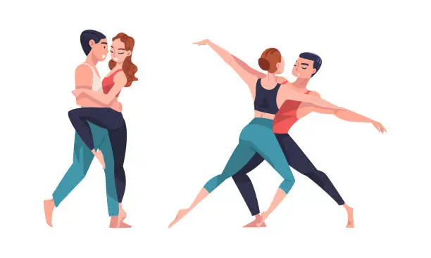 Vector illustration of Couples of professional dancers training in studio or rehearsing performance cartoon vector illustration