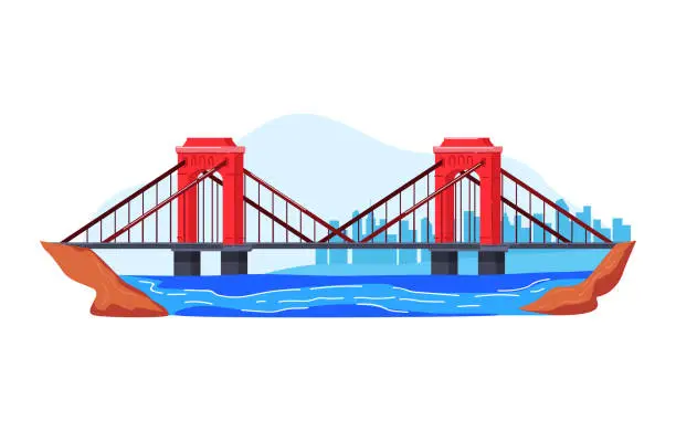 Vector illustration of Road Brooklyn bridge over sea, colorful architecture USA, outdoors, design cartoon style vector illustration, isolated on white.