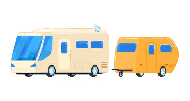 Vector illustration of Cars, truck, motorhome, tiny trailer for travel, small trailer, economy tourism, cartoon vector illustration, isolated on white.