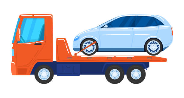 istock Modern cars, tow trucks, special vehicles for automobile transportation, cartoon style vector illustration, isolated on white. 1445873897