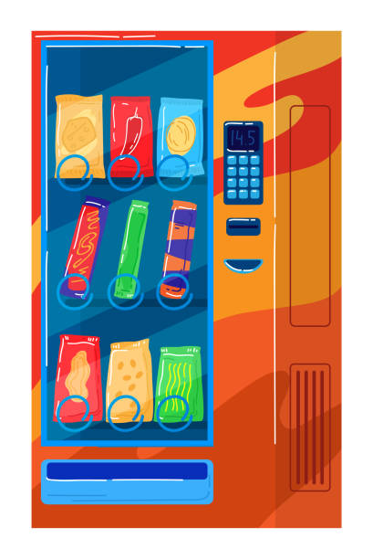 ilustrações, clipart, desenhos animados e ícones de máquina de venda automática de alimentos, tecnologia de compras automáticas, negócios passivos, ilustração vetorial do estilo dos desenhos animados do projeto, isolada no branco - vending machine machine coin operated convenience