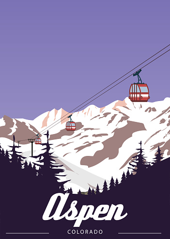 Travel resort Aspen Ski poster vintage. Colorado USA winter landscape travel card, ski lift, view on the mountain village vintage. Vector illustration