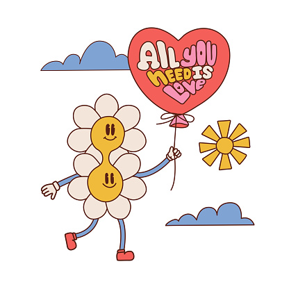 Groovy distorted funny flower character t-shirt print design. Vector retro vintage cartoon daisy mascot. Funny 60s hippie camomile with balloon All you need is love. Vector contour illustration
