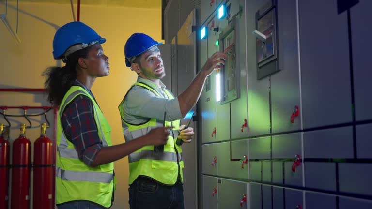 Electrical engineer use laptop to inspection and testing of electrical system in control room. Electrician and technician working night shifts at distribution board.