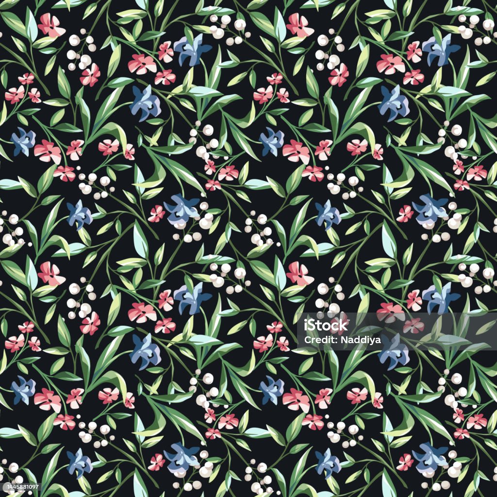 Pink Blue White Pattern Seamless Floral Pattern With Pink Blue And White Flowers On Black ...
