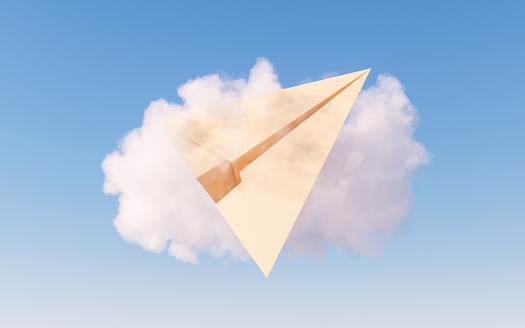 Paper plane and soft cloud, 3d rendering. Digital drawing.