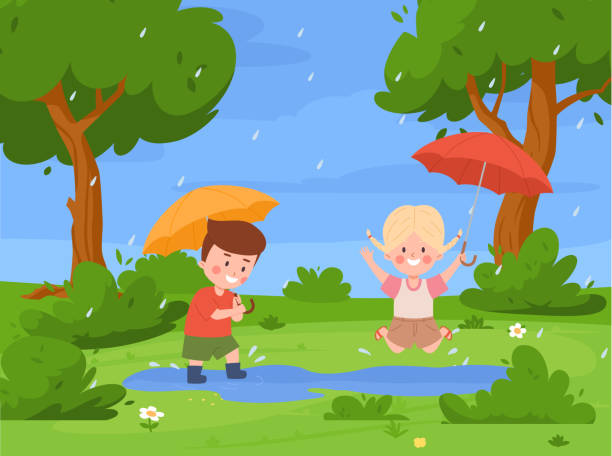 glücklicher kleiner junge und mädchen spielen im park unter sonnenschirmen im regenflachstil - jumping little girls child teenage girls stock-grafiken, -clipart, -cartoons und -symbole