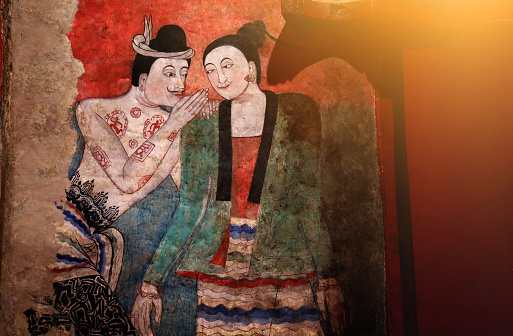 Wat Phumin, wall painting of the legend of whispering love, Pu Man, Ya Man, Nan Province, Thailand