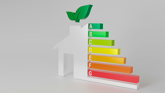 Energy efficiency chart and green energy on white background. 3D rendering.