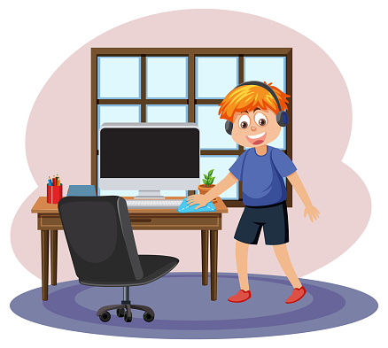 A boy cleaning computer room illustration