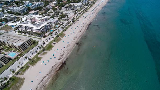 istock Deerfield Beach, Florida, in summer with a boardwalk along the Atlantic Ocean. Beachfront hotels and parking lot at the distance. 1445891128