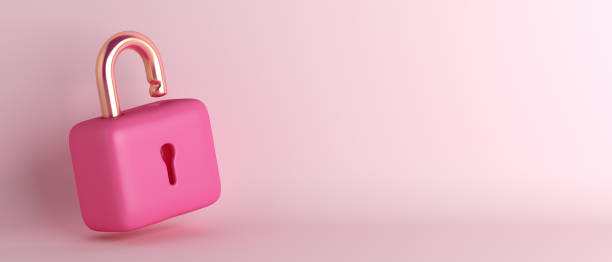 istock Pink padlock cartoon style, copy space text, 3d rendering illustration 1445897927