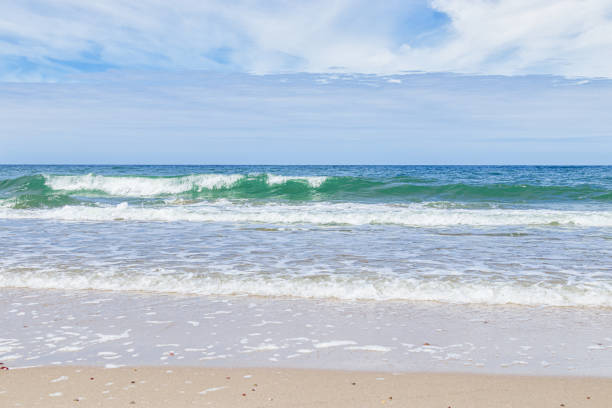 istock Beautiful tropical beach with blue sky with clouds as abstract nature background. Scenic landscape with sparkling waves ocean, aesthetic beauty nature. Summer day on Baltic sea, Curonian spit. 1445898027