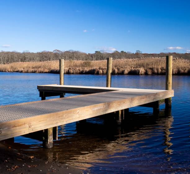 istock Wooden dock on calm river, blue sky 1445899431