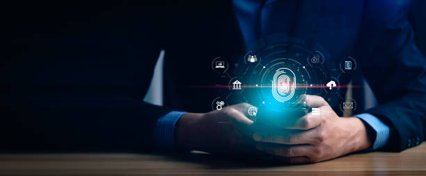 istock Businessman using fingerprint to access personal financial information, biosecurity. Cybersecurity and hacker protection technology, identity verification, digital financial information 1445900171