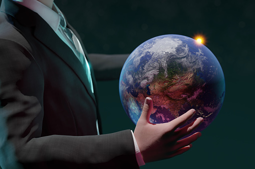 3D Illustration , 3d rendering . Close up of businessman holding world in hands