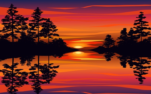 Sunset scenery with river and forest reflection on water and colorful sky. Vector landscape illustration