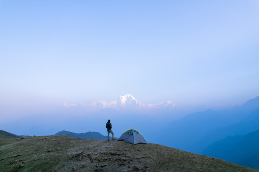 Solitude traveling concept. Climbing travel. Hiking concept photo. Hermit in mountains