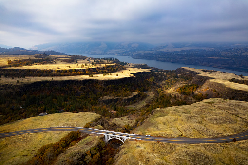Aerial view of the Historic Highway 30 at Rowena Crest just east of Hood River, Oregon.