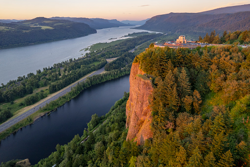 Aerial view at sunset of Crown Point in the Columbia River Gorge, Oregon.