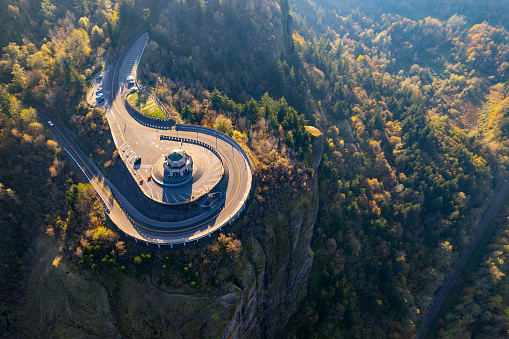 Aerial view of Crown Point in the Columbia River Gorge, Oregon.