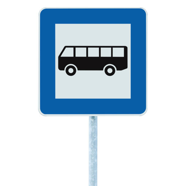 istock Bus stop road sign, white isolated roadside commuter traffic signage, square blue frame, grey pole post, large detailed vertical closeup, commuting concept 1445906510