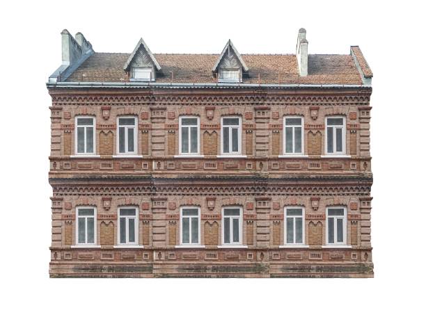 istock Low-rise white 19th century brickwork european house isolated on white background. 1445907420