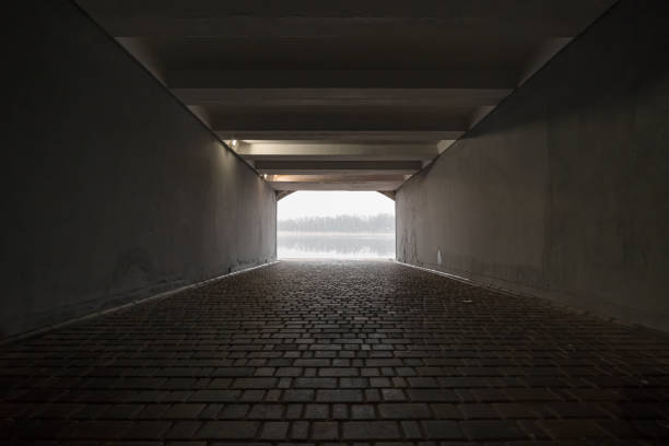 Empty dark underpass tunnel is lit by warm dim lamps, with a view of the foggy river bank in the end. Empty dark underpass tunnel is lit by warm dim lamps, with a view of the foggy river bank in the end. input output pictures stock pictures, royalty-free photos & images