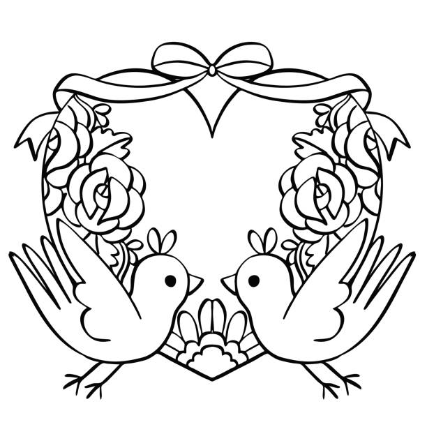 Love birds decorative heart Valentine's day wedding line art graphic illustration vector art illustration
