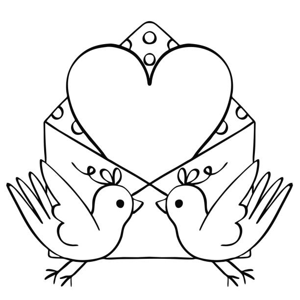 Love birds heart letter Valentine's day wedding line art graphic illustration vector art illustration