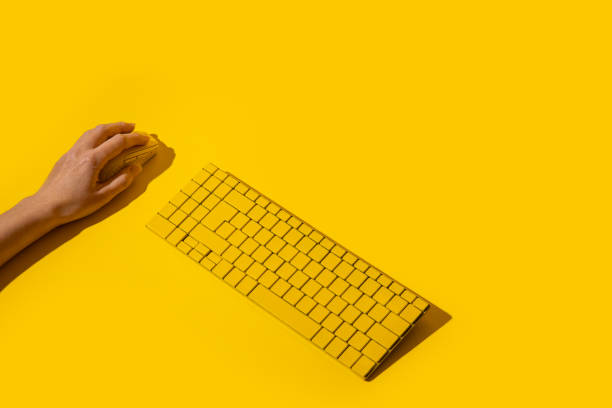 istock Female hand holds a yellow wireless mouse and keyboard on a blue background. Top view, flat lay 1445907578