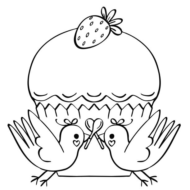 Love birds cute cupcake Valentine's day wedding line art graphic illustration vector art illustration