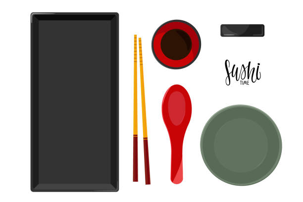 ilustrações de stock, clip art, desenhos animados e ícones de traditional japanese utensils. colorful wooden sushi sticks, soy sauce plate, square plate, miso soup spoon, bowl. asian food utensils isolated on white background. flat vector top view illustration. - clothing traditional culture chinese culture black