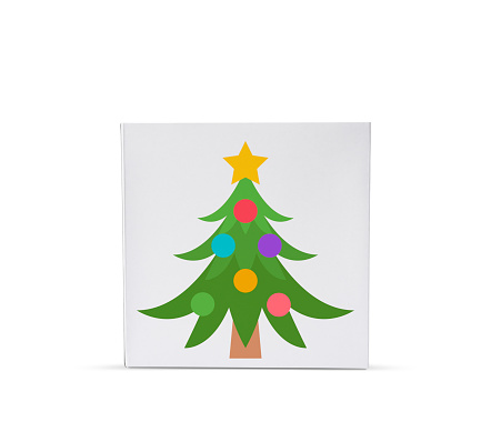 Closed white gift box with Christmas tree, isolated on white with clipping path.