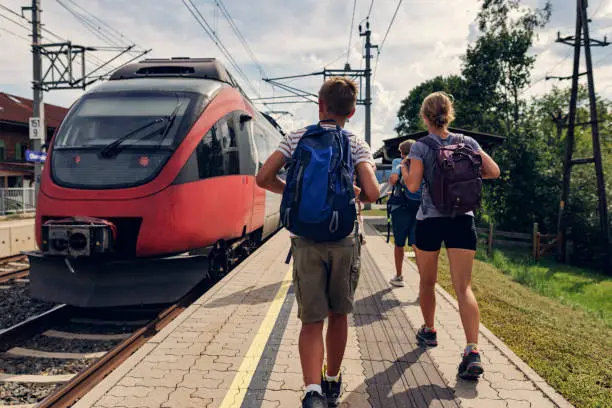 Photo of Family walking out of train at the train station in small Austrian town