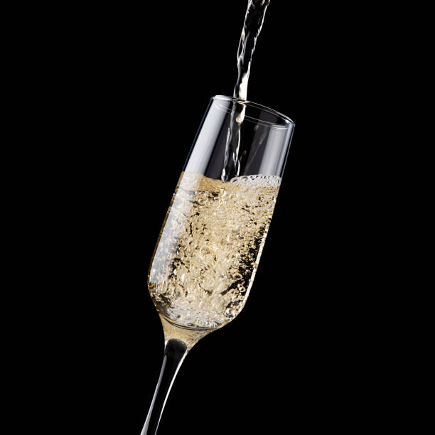 istock Bright sparkling champagne stream pour in elegant glass on rich black background, copy space, closeup, detail, square. Festive New Year background for design, poster, card, flyer, advertisement. 1445910409