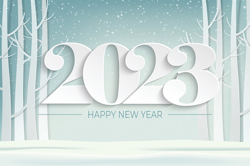 Happy New Year 2023 in the forest in the snow Vector paper art and digital craft style.