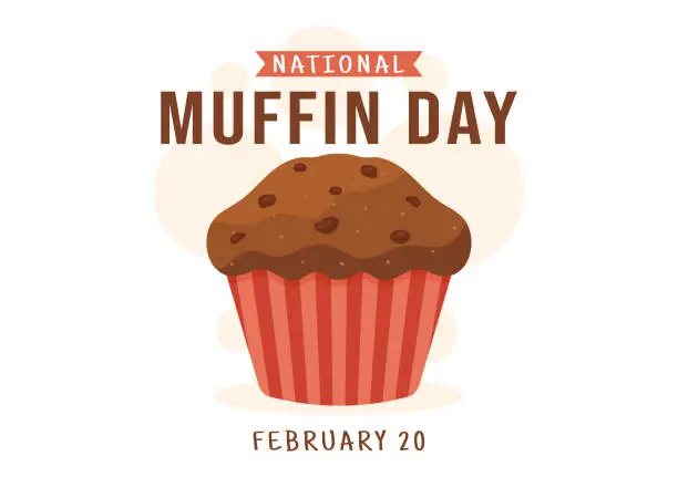 Vector illustration of National Muffin Day on February 20th with Chocolate Chip Food Classic Muffins Delicious in Flat Cartoon Hand Drawn Template Illustration