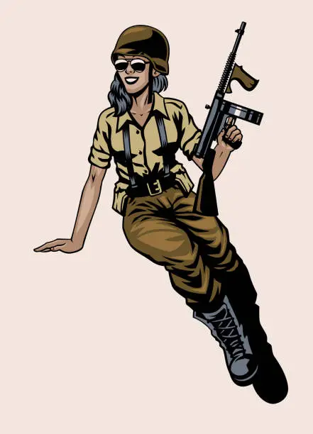 Vector illustration of WW2 Pin Up Girl Soldier Pose