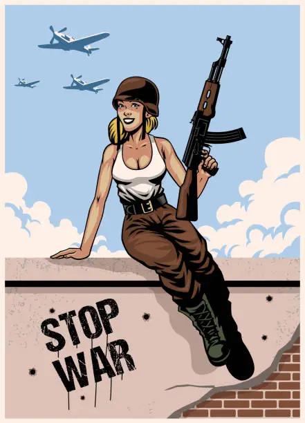Vector illustration of Pin Up Girl Soldier sitting on the wall