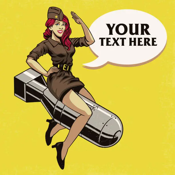 Vector illustration of Pinup Sexy Army Model Riding the Nuke Bomb in Vintage Style