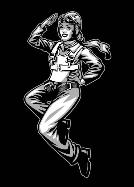 Vector illustration of Monochrome Style Illustration of Women Pilot